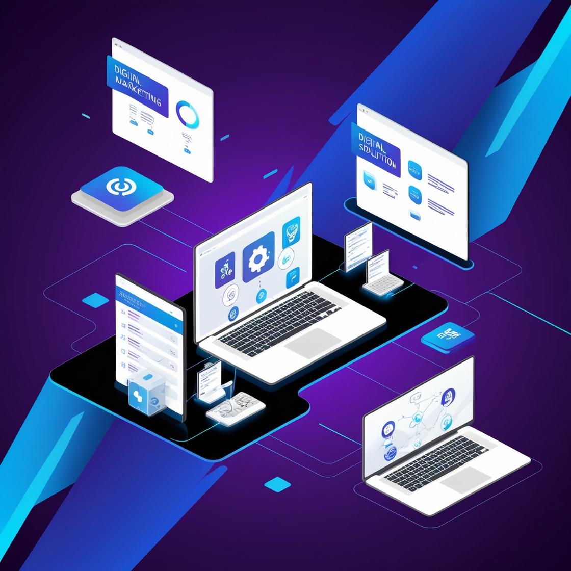 Soluções em Tecnologia Marketing Digital fundo azul aroxeado